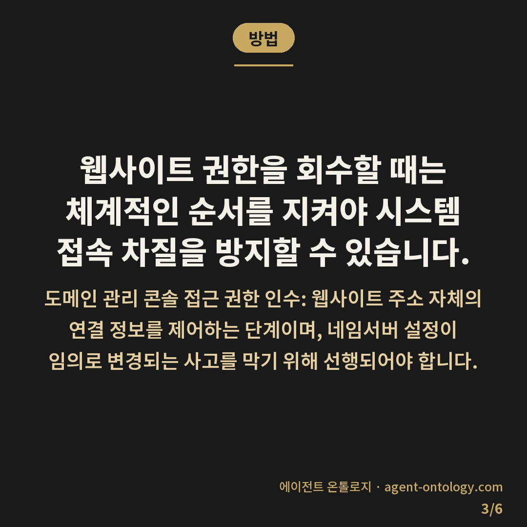 관리자 계정 인수인계 하는 절차 — 방법: 웹사이트 권한을 회수할 때는 체계적인 순서를 지켜야 시스템 접속 차질을 방지할 수 있습니다.