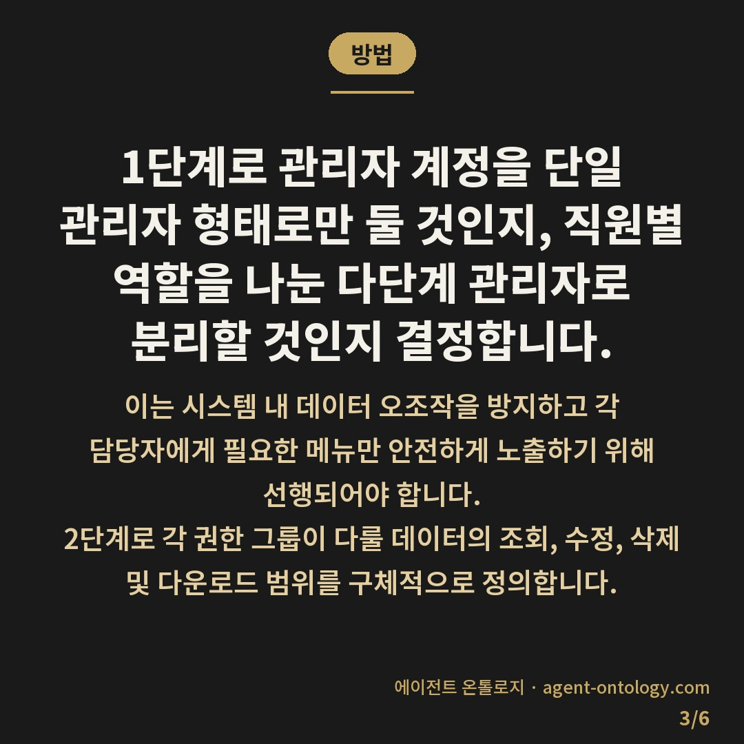 관리자 페이지 개발 기간 기준 — 방법: 1단계로 관리자 계정을 단일 관리자