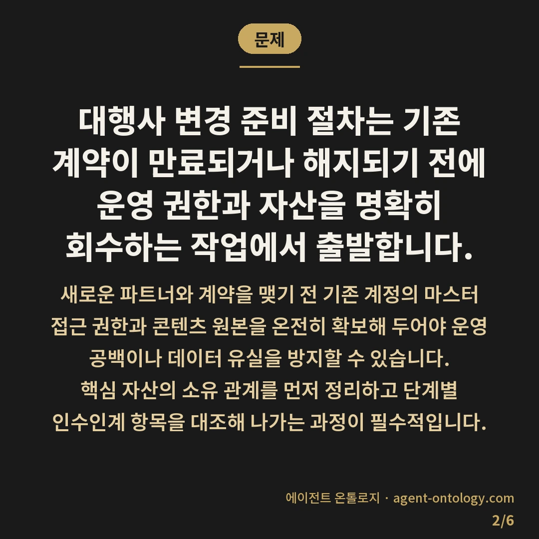 대행사 변경 준비 절차 속 인수인계 목록 — 문제: 대행사 변경 준비 절차는