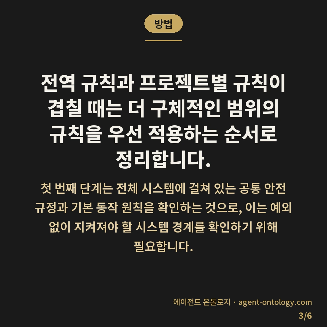 AI 규칙 충돌 우선순위 기준 정리 — 방법: 전역 규칙과 프로젝트별 규칙이