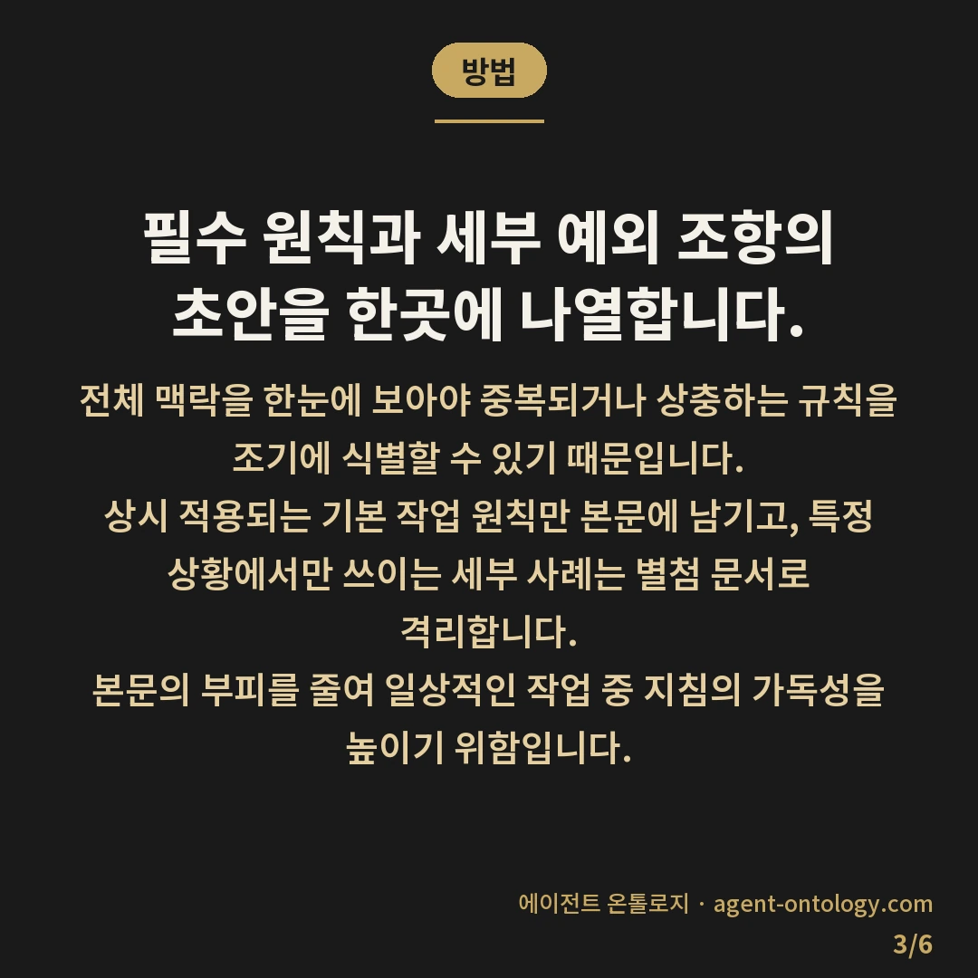 AI 규칙 문서 분량 기준 잡는 요령 — 방법: 필수 원칙과 세부 예외 조항의 초안을 한곳에 나열합니다.