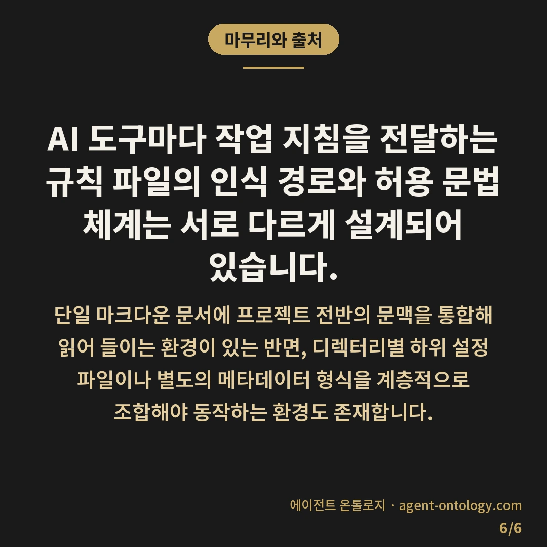 AI 도구별 규칙 형식 차이 대조 — 마무리와 출처: AI 도구마다 작업 지침을