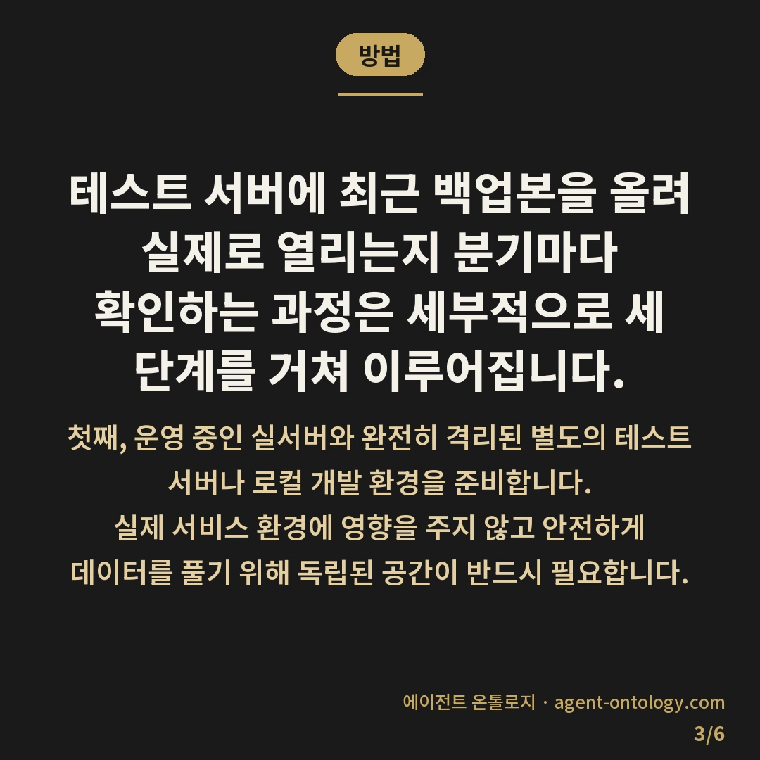 복구 테스트 얼마나 자주 해야 하나 점검 주기 — 방법: 테스트 서버에 최근