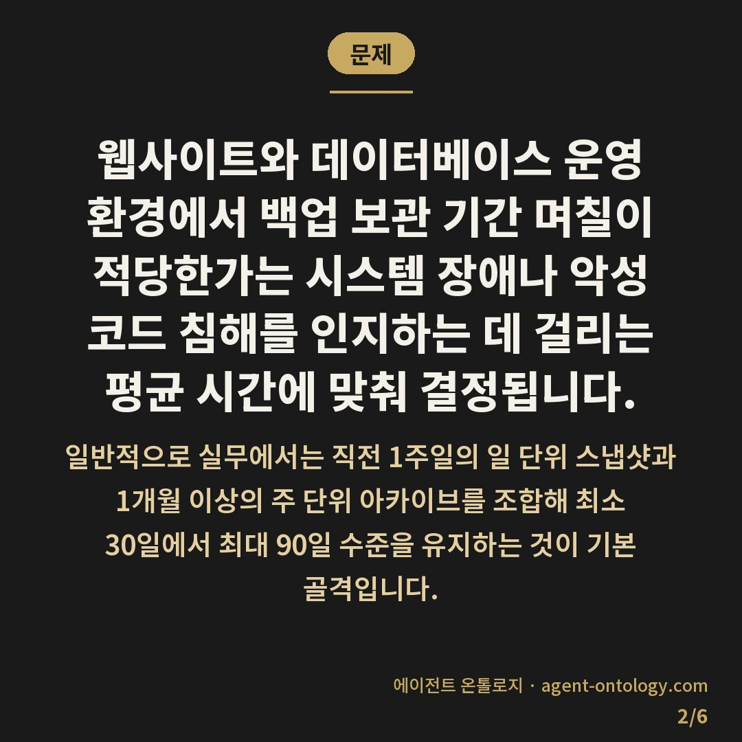 백업 보관 기간 며칠이 적당한가 판단 지침 — 문제: 웹사이트와 데이터베이스 운영 환경에서 백업 보관 기간 며칠이 적당한가는 시스템 장애나 악성 코드 침해를 인지하는 데 걸리는 평균 시간에 맞춰 결정됩니다.