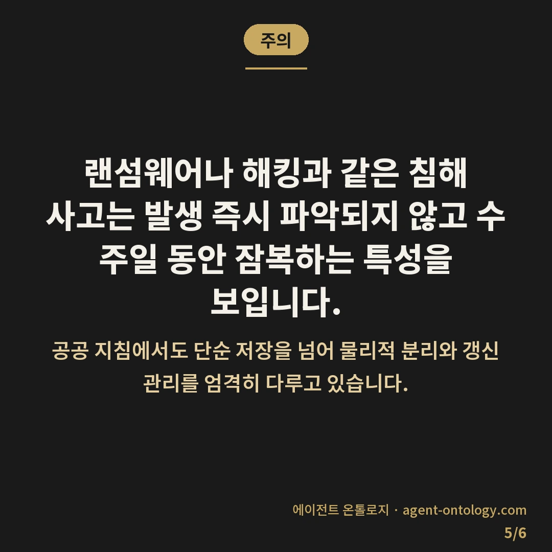 백업 보관 기간 며칠이 적당한가 판단 지침 — 주의: 랜섬웨어나 해킹과 같은 침해 사고는 발생 즉시 파악되지 않고 수 주일 동안 잠복하는 특성을 보입니다.