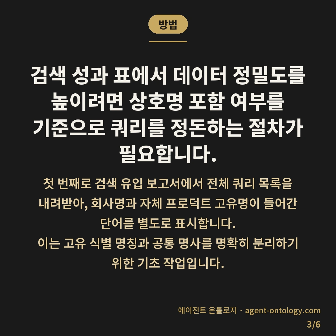 브랜드검색어와 비브랜드검색어 차이 — 방법: 검색 성과 표에서 데이터 정밀도를 높이려면 상호명 포함 여부를 기준으로 쿼리를 정돈하는 절차가 필요합니다.