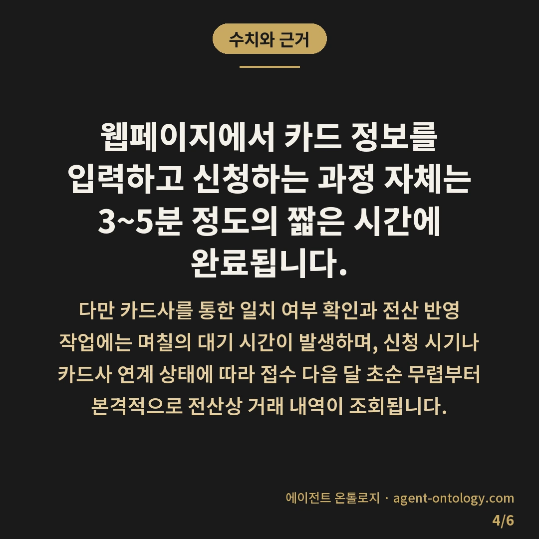 사업용 신용카드 등록 방법 — 수치와 근거: 웹페이지에서 카드 정보를 입력하고 신청하는 과정 자체는 3~5분 정도의 짧은 시간에 완료됩니다.