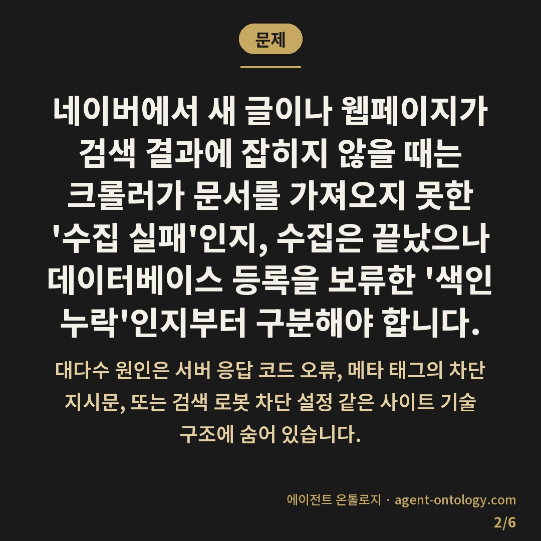 네이버 색인 안되는 원인 — 문제: 네이버에서 새 글이나 웹페이지가 검색 결과에 잡히지 않을 때는 크롤러가 문서를 가져오지 못한 '수집 실패'인지, 수집은 끝났으나 데이터베이스 등록을 보류한 '색인 누락'인지부터 구분해야 합니다.