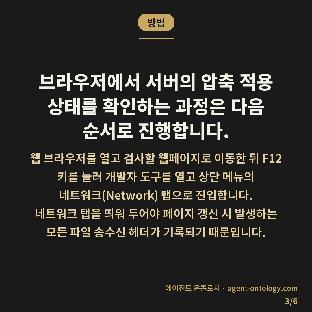 압축 적용 확인하는 순서 — 방법: 브라우저에서 서버의 압축 적용 상태를 확인하는 과정은 다음 순서로 진행합니다.