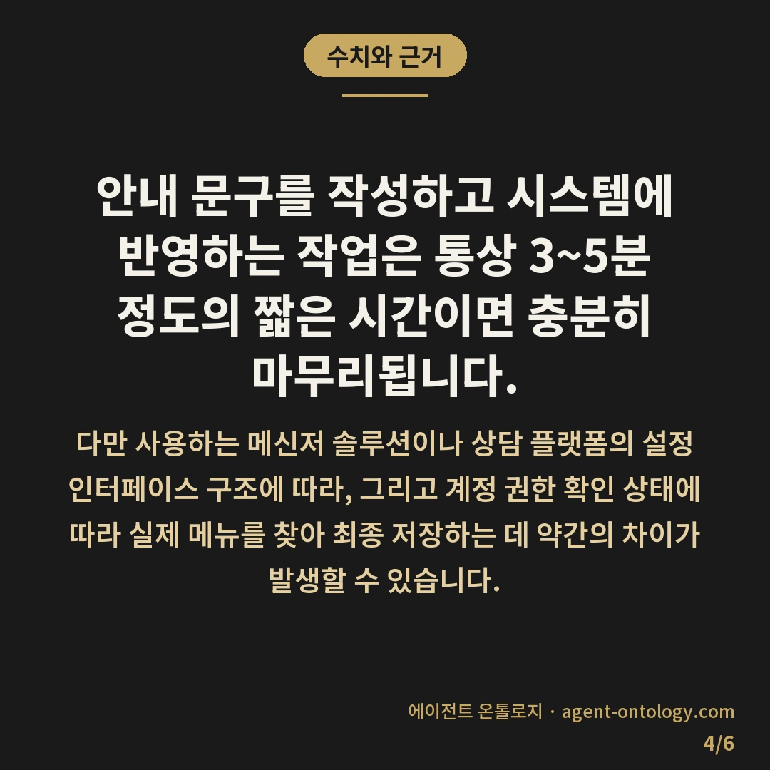 상담원 없는 시간 안내 확인 — 수치와 근거: 안내 문구를 작성하고 시스템에 반영하는 작업은 통상 3~5분 정도의 짧은 시간이면 충분히 마무리됩니다.