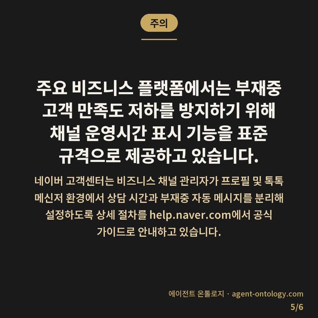 상담원 없는 시간 안내 확인 — 주의: 주요 비즈니스 플랫폼에서는 부재중 고객 만족도 저하를 방지하기 위해 채널 운영시간 표시 기능을 표준 규격으로 제공하고 있습니다.