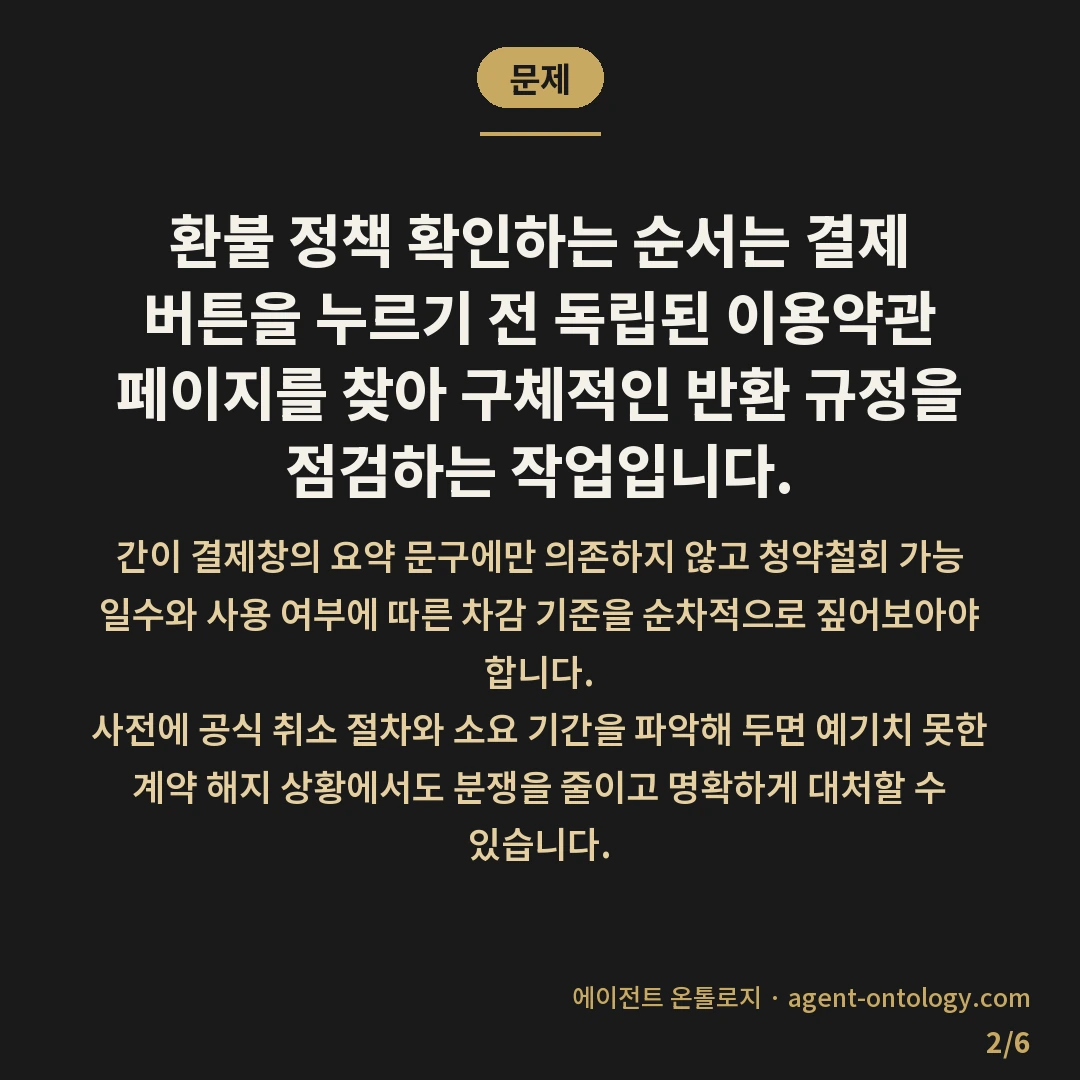 환불 정책 확인하는 순서 — 문제: 환불 정책 확인하는 순서는 결제 버튼을 누르기 전 독립된 이용약관 페이지를 찾아 구체적인 반환 규정을 점검하는 작업입니다.