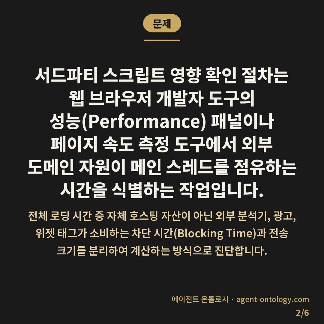 서드파티 스크립트 영향 확인 절차 — 문제: 서드파티 스크립트 영향 확인 절차는 웹 브라우저 개발자 도구의 성능(Performance) 패널이나 페이지 속도 측정 도구에서 외부 도메인 자원이 메인 스레드를 점유하는 시간을 식별하는 작업입니다.