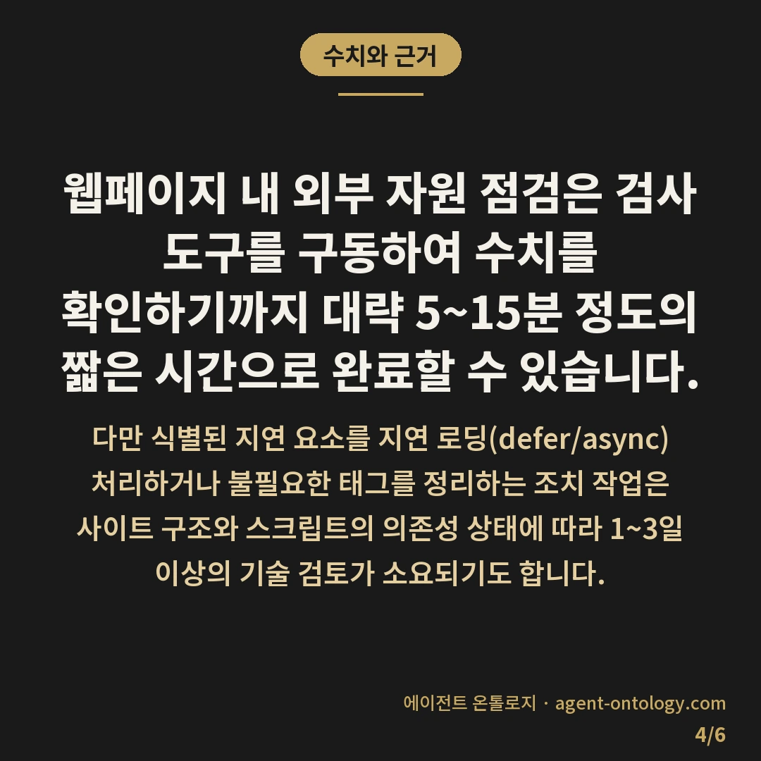 서드파티 스크립트 영향 확인 절차 — 수치와 근거: 웹페이지 내 외부 자원 점검은 검사 도구를 구동하여 수치를 확인하기까지 대략 5~15분 정도의 짧은 시간으로 완료할 수 있습니다.
