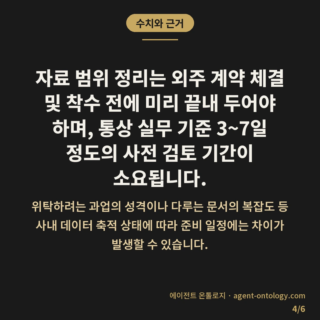 외주업체 넘기는 자료 범위 확인 — 수치와 근거: 자료 범위 정리는 외주 계약 체결 및 착수 전에 미리 끝내 두어야 하며, 통상 실무 기준 3~7일 정도의 사전 검토 기간이 소요됩니다.