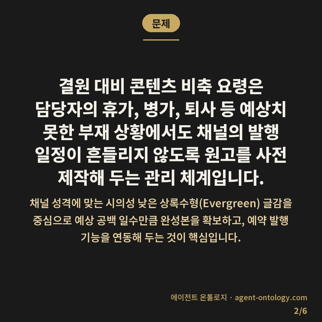 결원 대비 콘텐츠 비축 요령 — 문제: 결원 대비 콘텐츠 비축 요령은 담당자의 휴가, 병가, 퇴사 등 예상치 못한 부재 상황에서도 채널의 발행 일정이 흔들리지 않도록 원고를 사전 제작해 두는 관리 체계입니다.