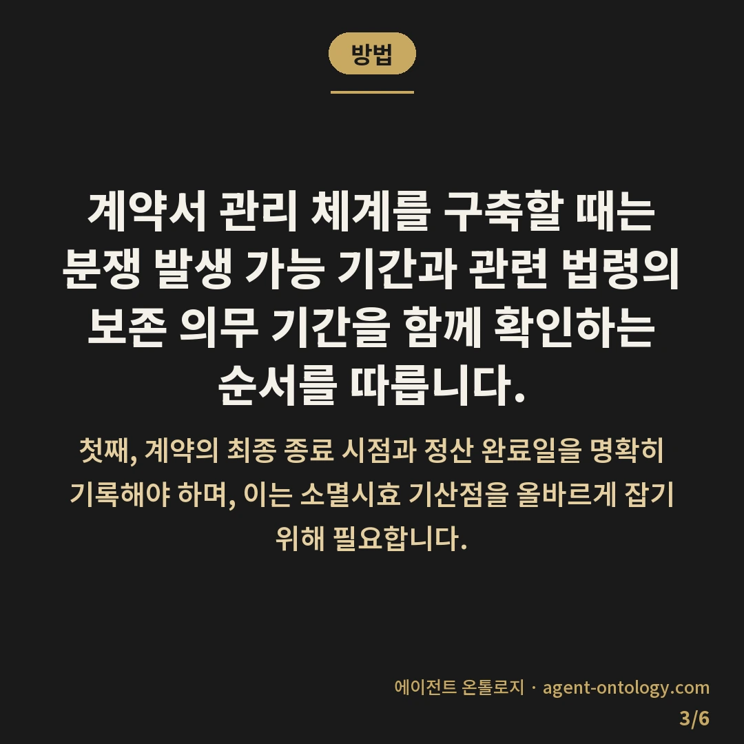 계약서 보관 기간 정하는 수칙 — 방법: 계약서 관리 체계를 구축할 때는 분쟁 발생 가능 기간과 관련 법령의 보존 의무 기간을 함께 확인하는 순서를 따릅니다.
