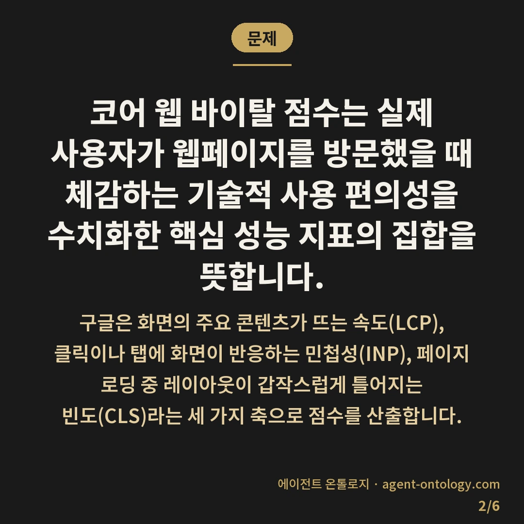 코어 웹 바이탈 점수 뜻 정리 — 문제: 코어 웹 바이탈 점수는 실제 사용자가 웹페이지를 방문했을 때 체감하는 기술적 사용 편의성을 수치화한 핵심 성능 지표의 집합을 뜻합니다.