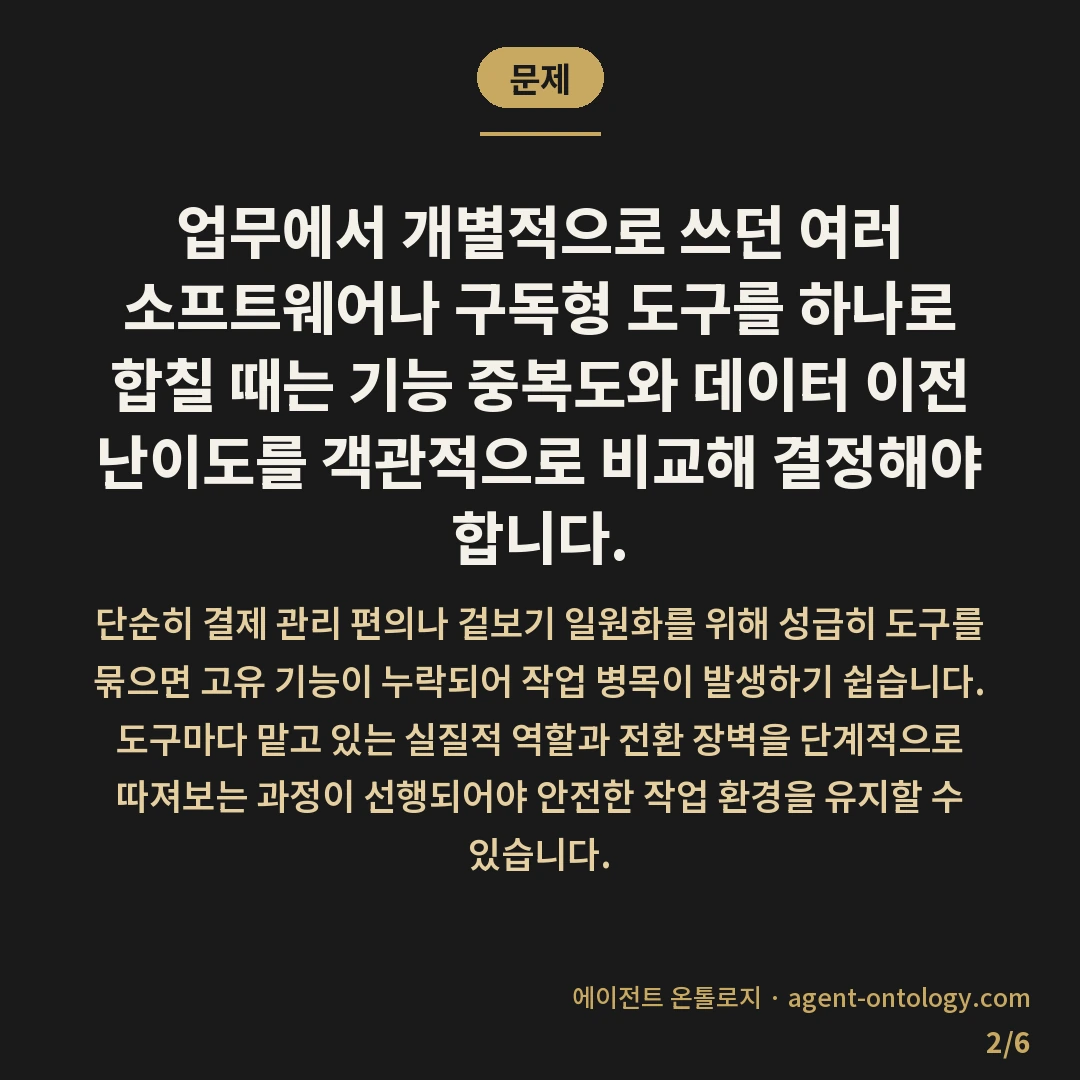 여러 도구 하나로 합치는 판단 요령 — 문제: 업무에서 개별적으로 쓰던 여러 소프트웨어나 구독형 도구를 하나로 합칠 때는 기능 중복도와 데이터 이전 난이도를 객관적으로 비교해 결정해야 합니다.