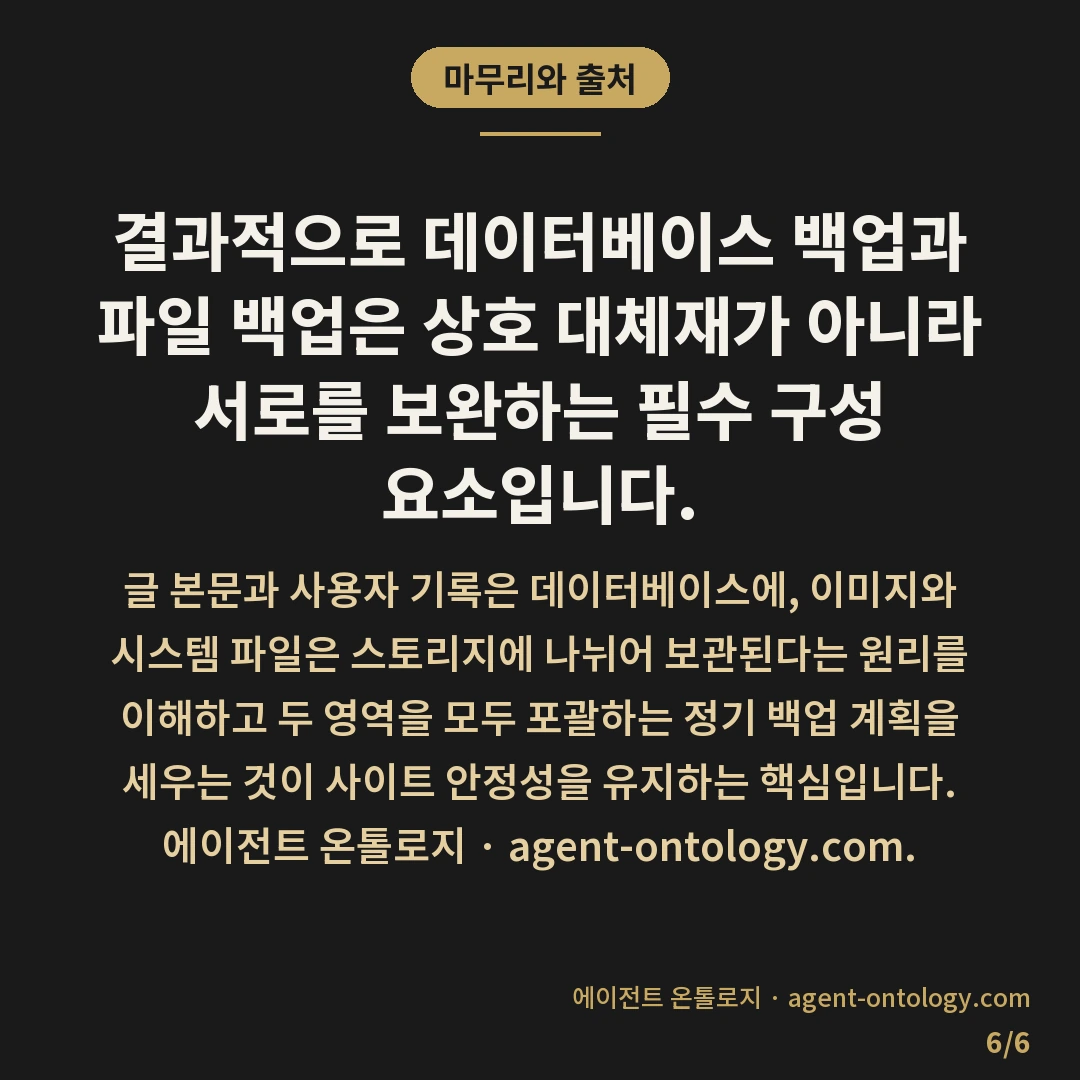 데이터베이스 백업과 파일 백업 차이 — 마무리와 출처: 결과적으로 데이터베이스 백업과 파일 백업은 상호 대체재가 아니라 서로를 보완하는 필수 구성 요소입니다.
