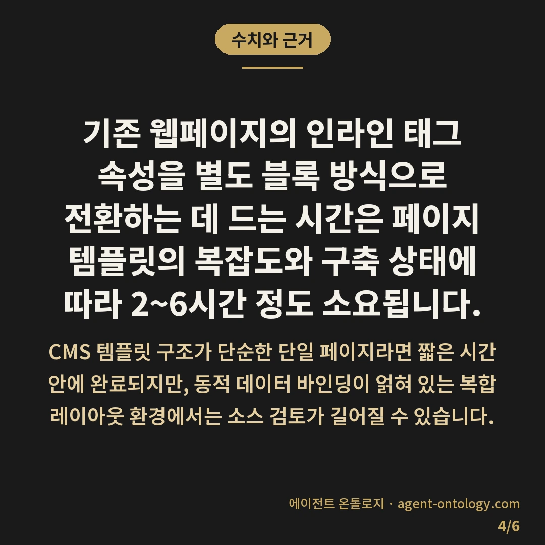 JSON-LD 마이크로데이터 차이 — 수치와 근거: 기존 웹페이지의 인라인 태그 속성을 별도 블록 방식으로 전환하는 데 드는 시간은 페이지 템플릿의 복잡도와 구축 상태에 따라 2~6시간 정도 소요됩니다.