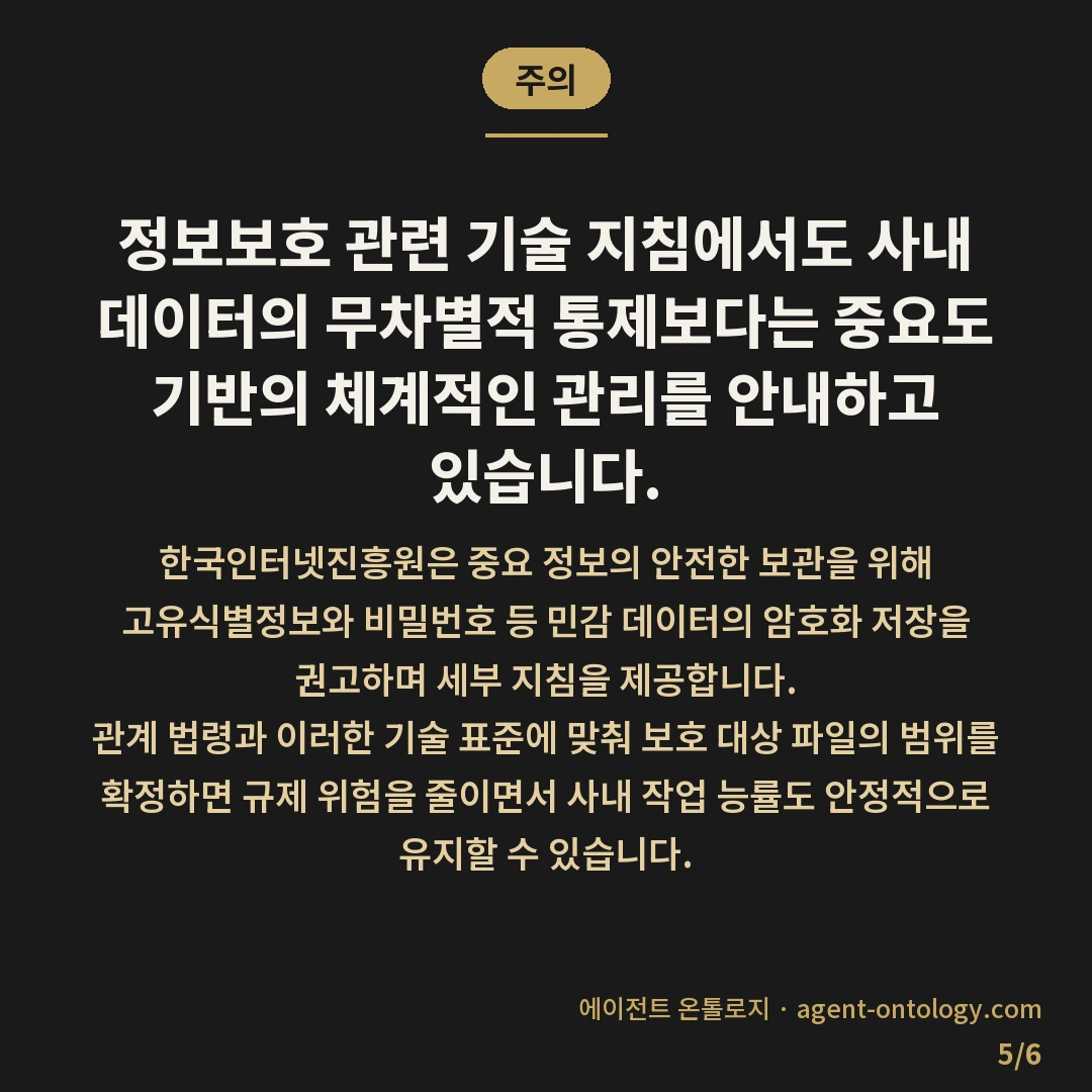 문서 암호화 필요 여부 판단 체크리스트 — 주의: 정보보호 관련 기술 지침에서도 사내 데이터의 무차별적 통제보다는 중요도 기반의 체계적인 관리를 안내하고 있습니다.