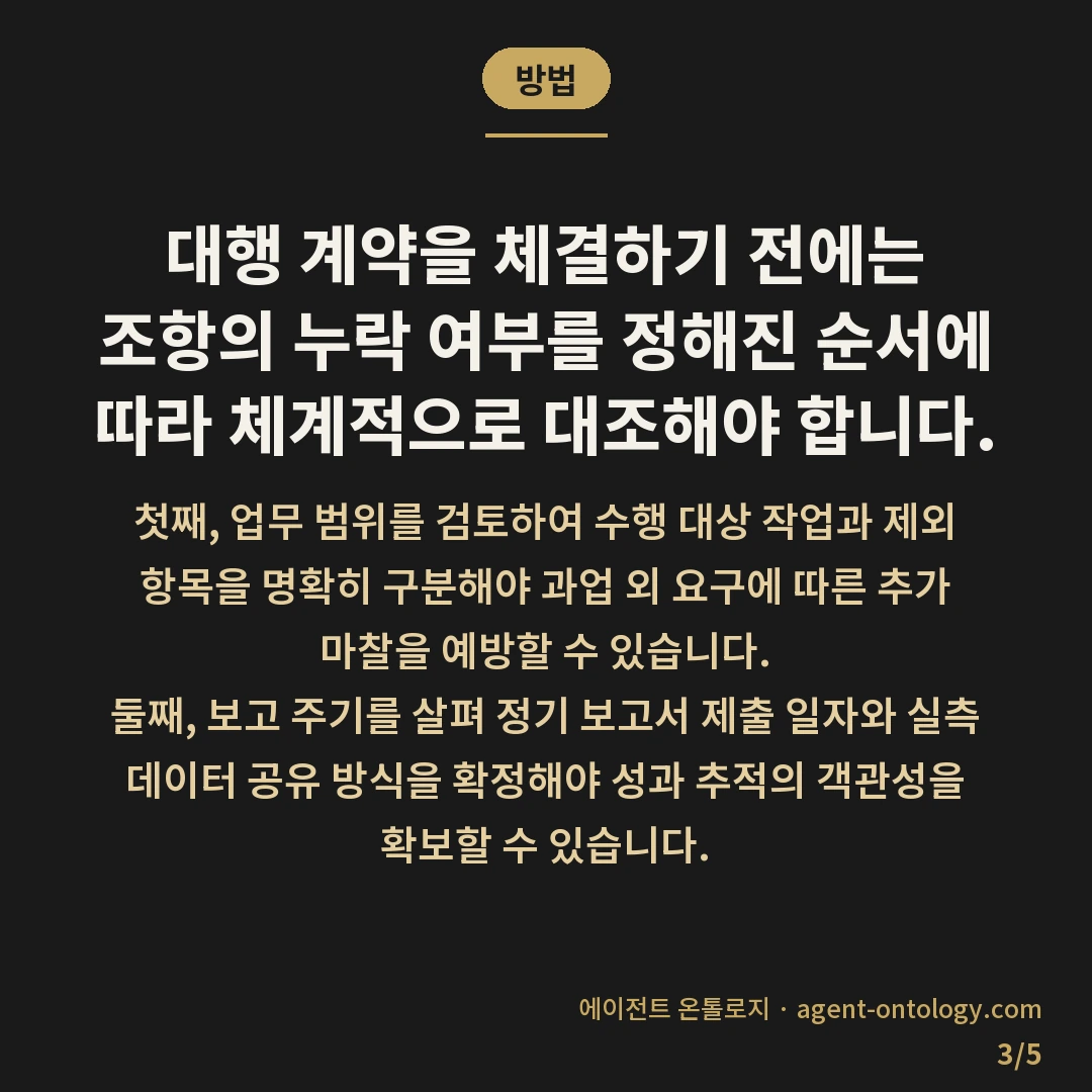 대행 계약서 필수 확인 항목 — 방법: 대행 계약을 체결하기 전에는 조항의 누락 여부를 정해진 순서에 따라 체계적으로 대조해야 합니다.