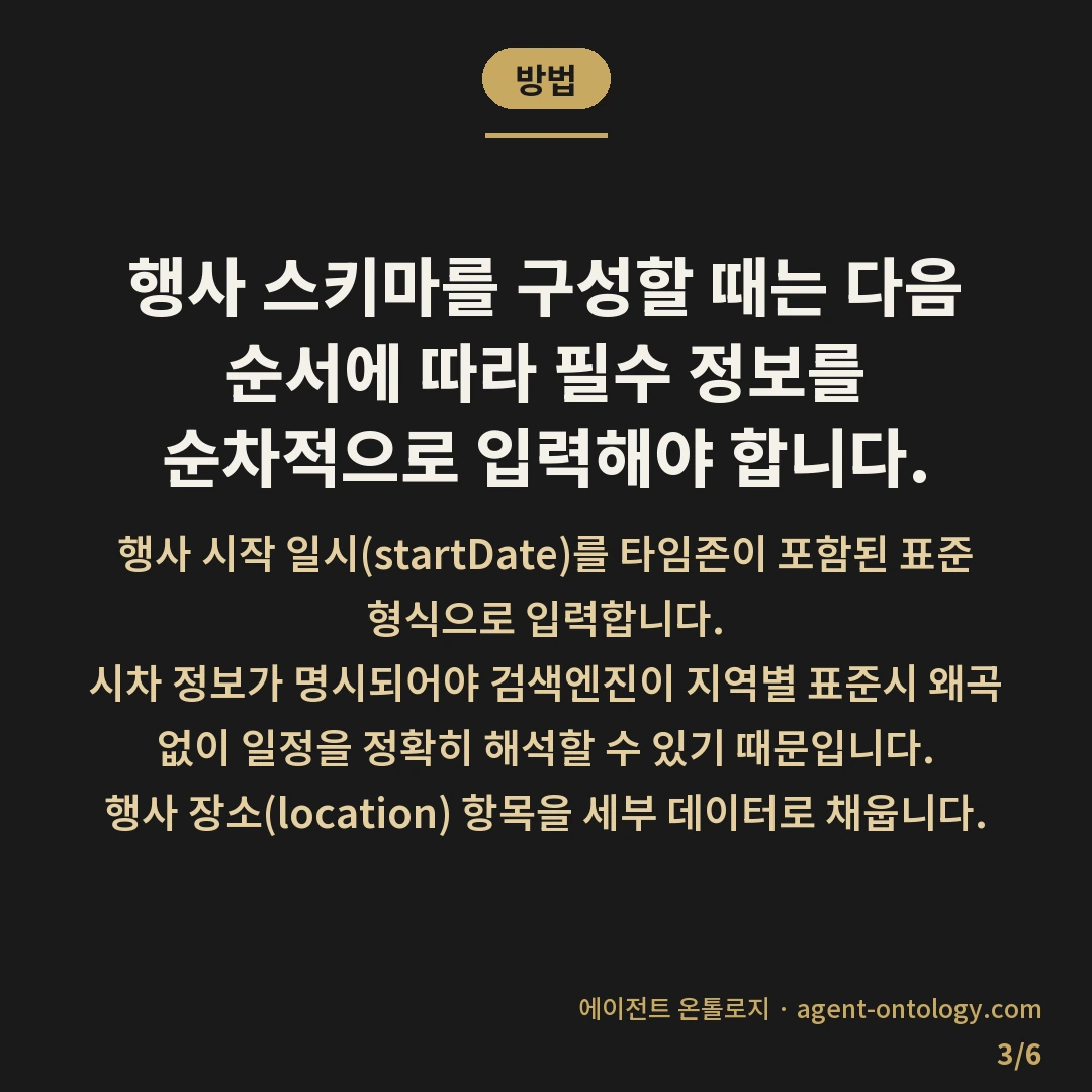 이벤트 스키마 넣을 때 확인할 것 — 방법: 행사 스키마를 구성할 때는 다음 순서에 따라 필수 정보를 순차적으로 입력해야 합니다.