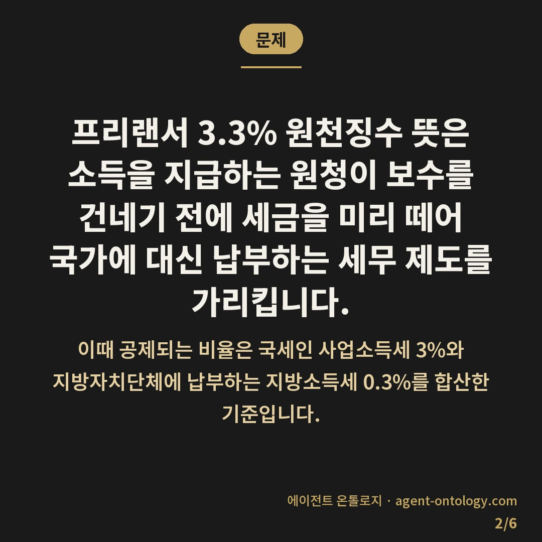 프리랜서 3.3% 원천징수 뜻 — 문제: 프리랜서 3.3% 원천징수 뜻은 소득을 지급하는 원청이 보수를 건네기 전에 세금을 미리 떼어 국가에 대신 납부하는 세무 제도를 가리킵니다.