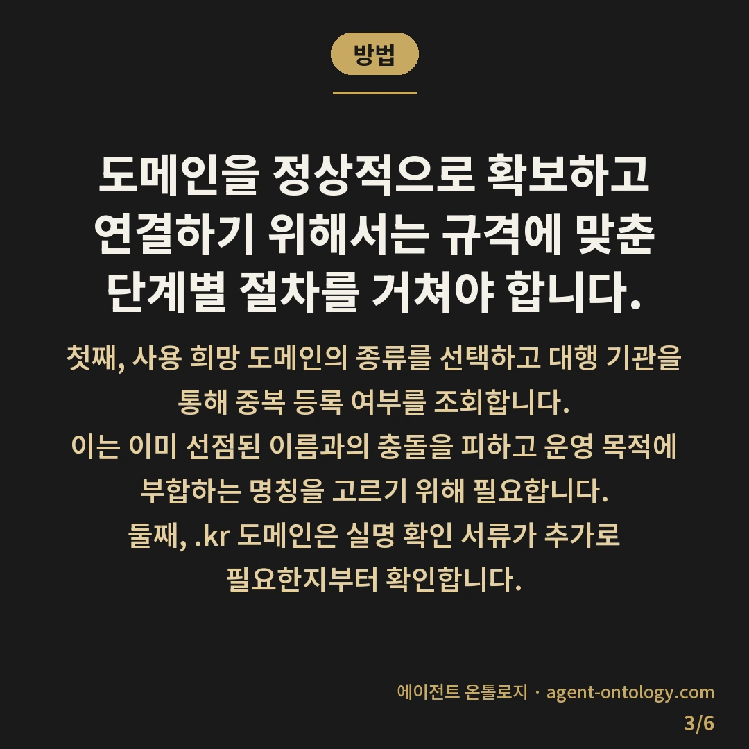 국제도메인과 국내도메인 등록 차이 — 방법: 도메인을 정상적으로 확보하고 연결하기 위해서는 규격에 맞춘 단계별 절차를 거쳐야 합니다.