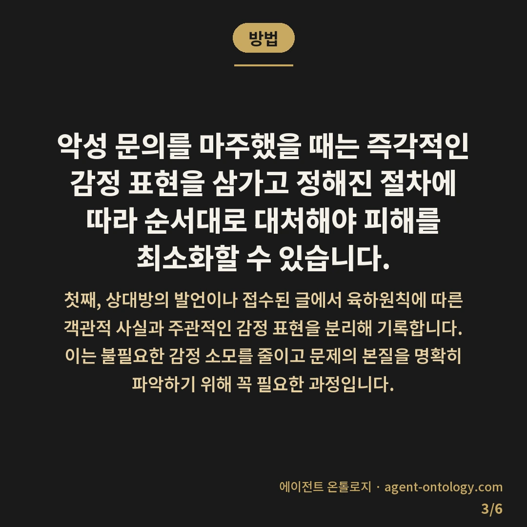 악성 문의 대응하는 순서 — 방법: 악성 문의를 마주했을 때는 즉각적인 감정 표현을 삼가고 정해진 절차에 따라 순서대로 대처해야 피해를 최소화할 수 있습니다.