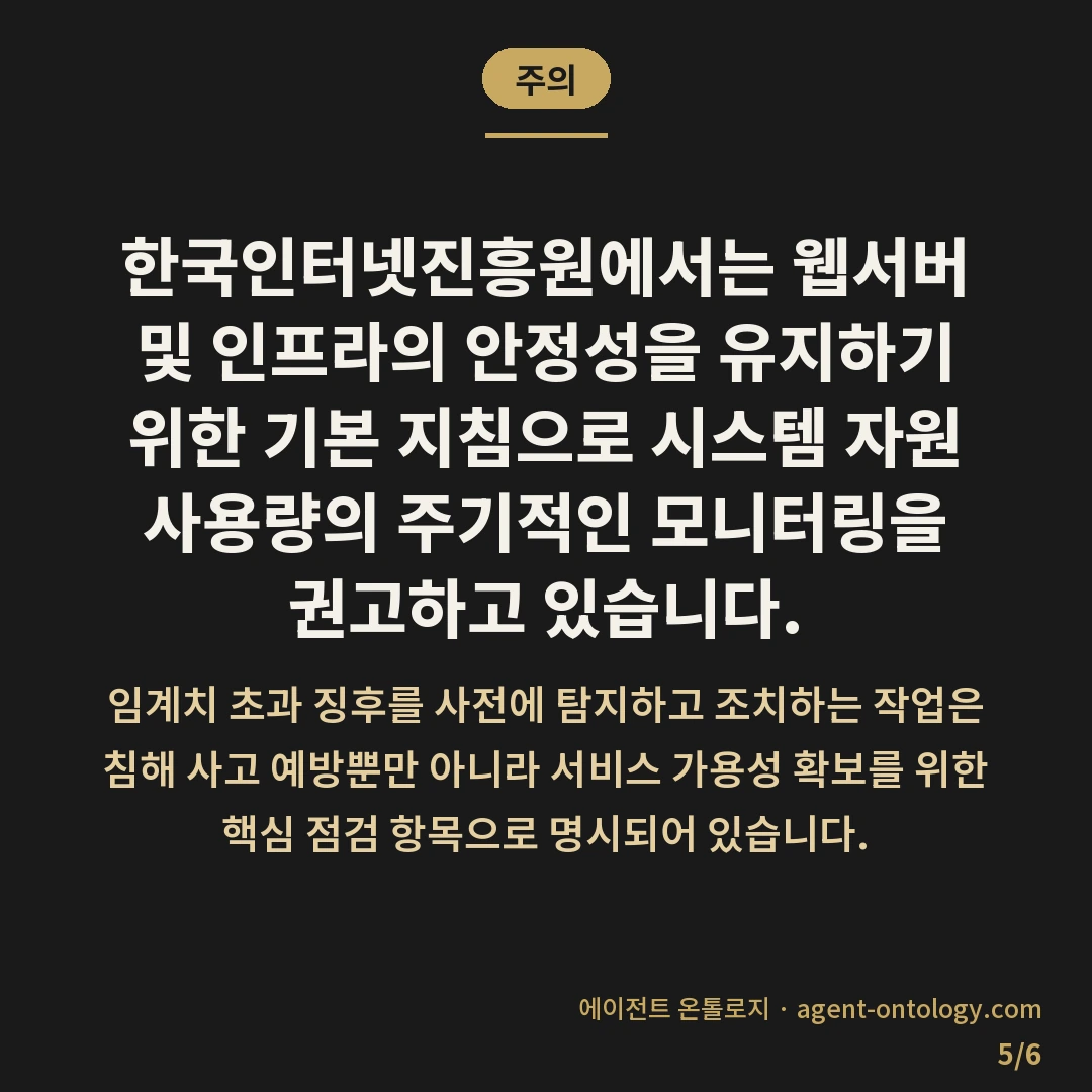 호스팅 플랜 업그레이드 판단 가늠법 — 주의: 한국인터넷진흥원에서는 웹서버 및 인프라의 안정성을 유지하기 위한 기본 지침으로 시스템 자원 사용량의 주기적인 모니터링을 권고하고 있습니다.