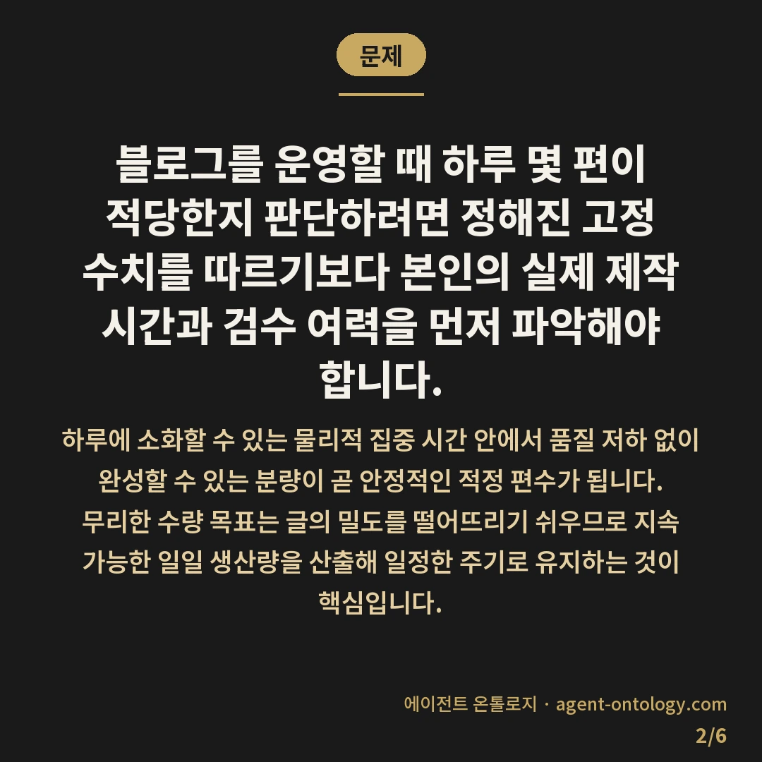 하루 몇 편이 적당한지 판단 요령 — 문제: 블로그를 운영할 때 하루 몇 편이 적당한지 판단하려면 정해진 고정 수치를 따르기보다 본인의 실제 제작 시간과 검수 여력을 먼저 파악해야 합니다.