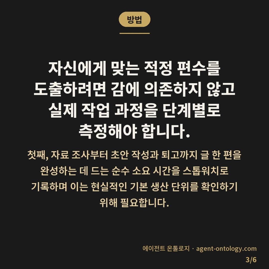하루 몇 편이 적당한지 판단 요령 — 방법: 자신에게 맞는 적정 편수를 도출하려면 감에 의존하지 않고 실제 작업 과정을 단계별로 측정해야 합니다.