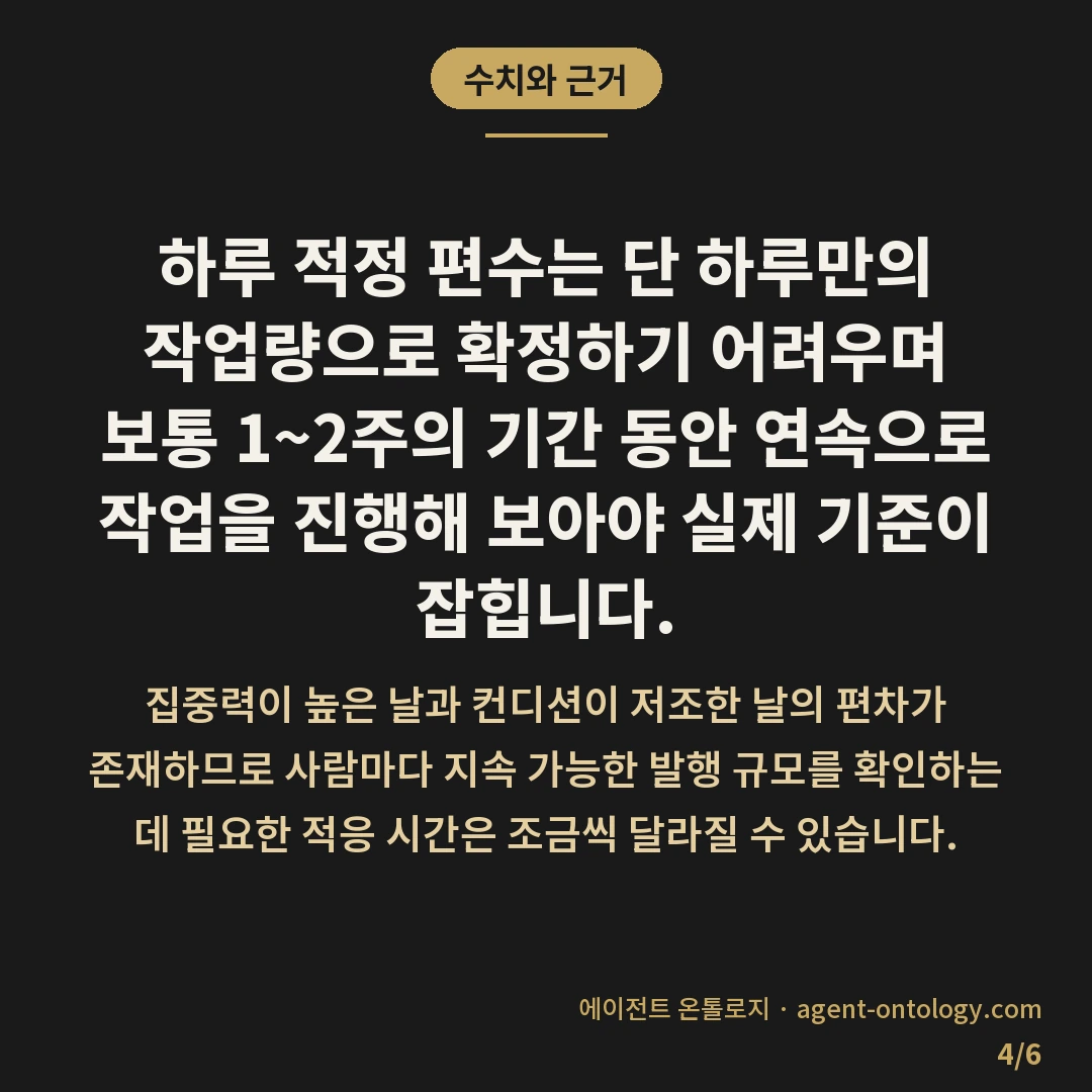 하루 몇 편이 적당한지 판단 요령 — 수치와 근거: 하루 적정 편수는 단 하루만의 작업량으로 확정하기 어려우며 보통 1~2주의 기간 동안 연속으로 작업을 진행해 보아야 실제 기준이 잡힙니다.