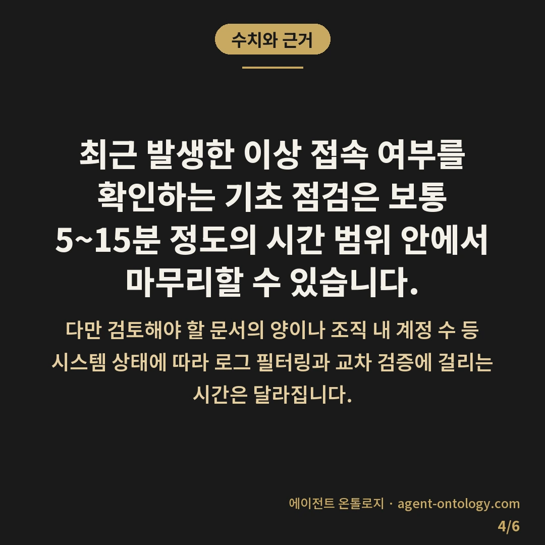 접근 로그 확인하는 순서 — 수치와 근거: 최근 발생한 이상 접속 여부를 확인하는 기초 점검은 보통 5~15분 정도의 시간 범위 안에서 마무리할 수 있습니다.