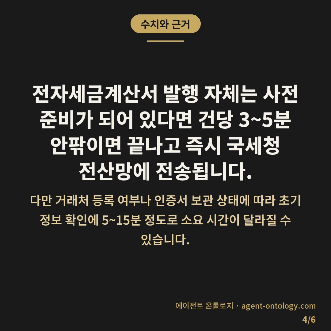 세금계산서 발행하는 방법 — 수치와 근거: 전자세금계산서 발행 자체는 사전 준비가 되어 있다면 건당 3~5분 안팎이면 끝나고 즉시 국세청 전산망에 전송됩니다.