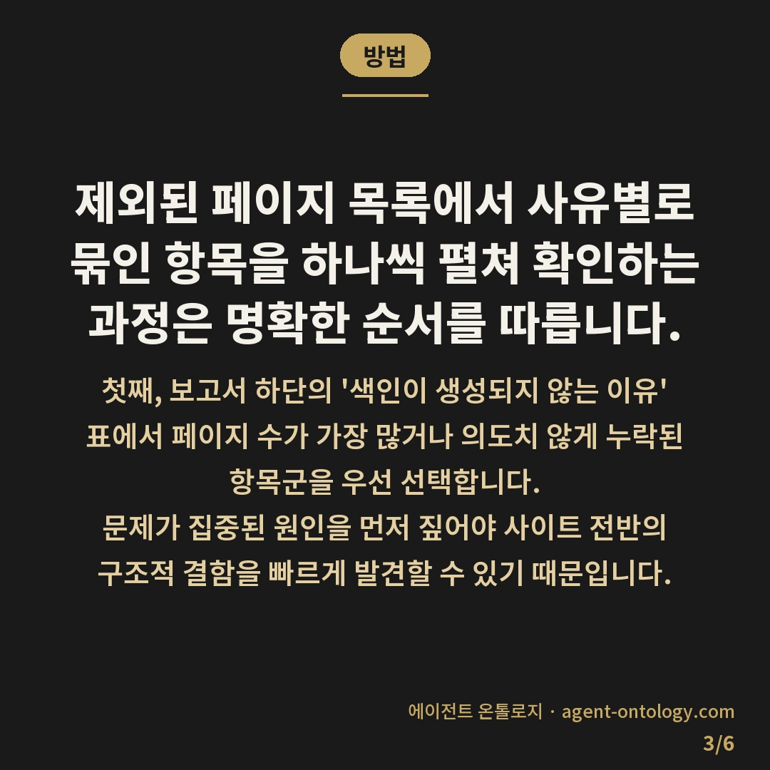 색인 생성 상태 보고서 읽는 법 — 방법: 제외된 페이지 목록에서 사유별로 묶인