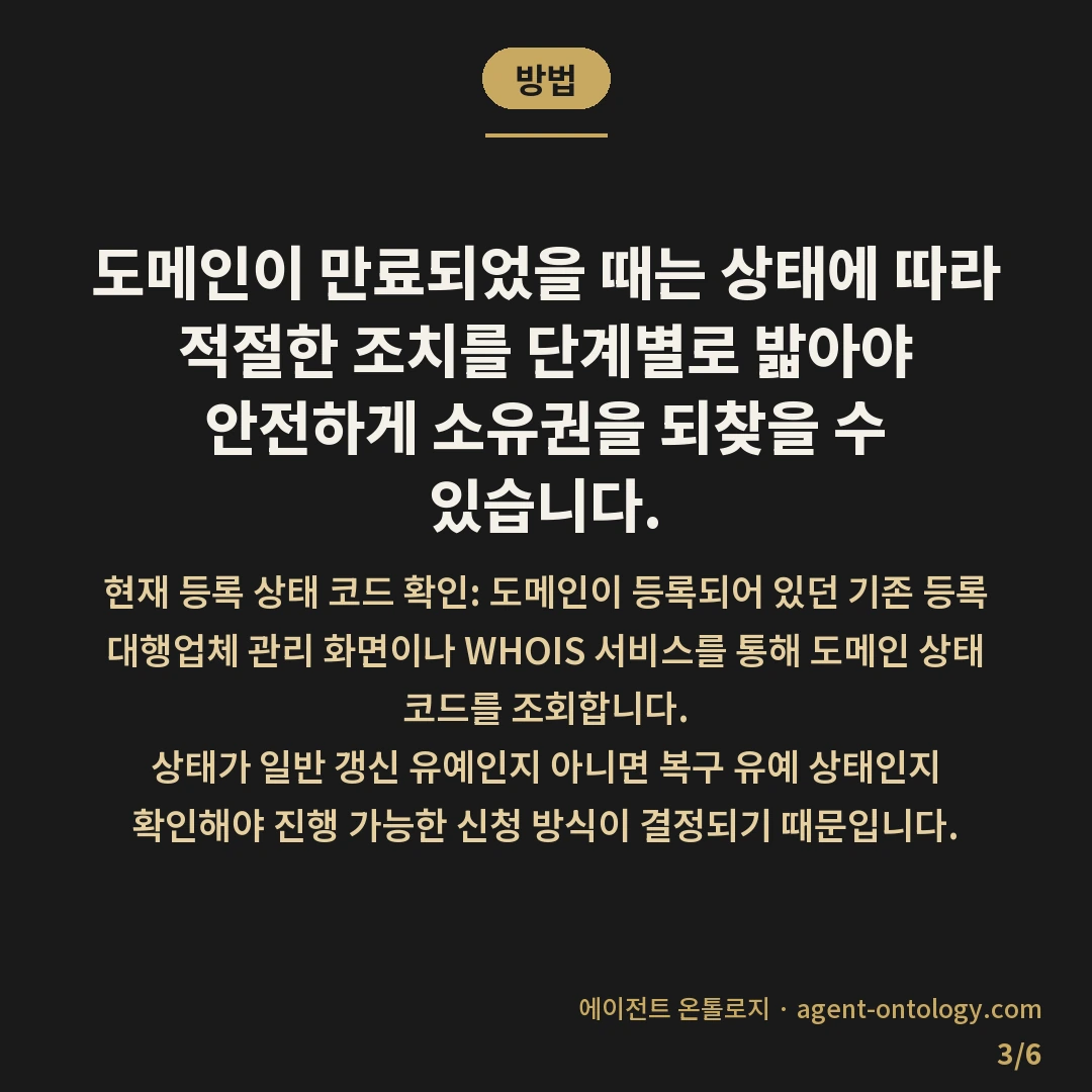만료된 도메인 되찾는 해결법 — 방법: 도메인이 만료되었을 때는 상태에 따라 적절한 조치를 단계별로 밟아야 안전하게 소유권을 되찾을 수 있습니다.