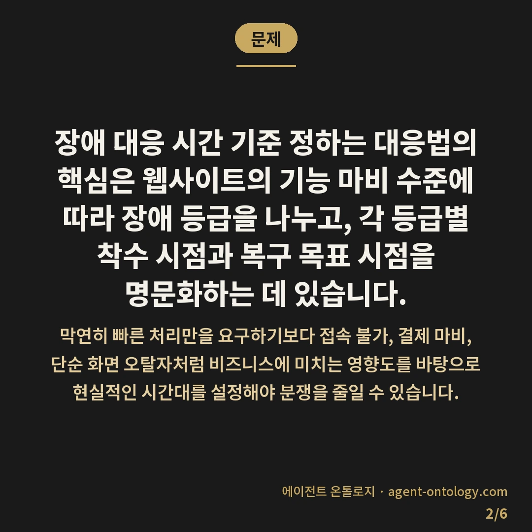 장애 대응 시간 기준 정하는 대응법 — 문제: 장애 대응 시간 기준 정하는 대응법의 핵심은 웹사이트의 기능 마비 수준에 따라 장애 등급을 나누고, 각 등급별 착수 시점과 복구 목표 시점을 명문화하는 데 있습니다.
