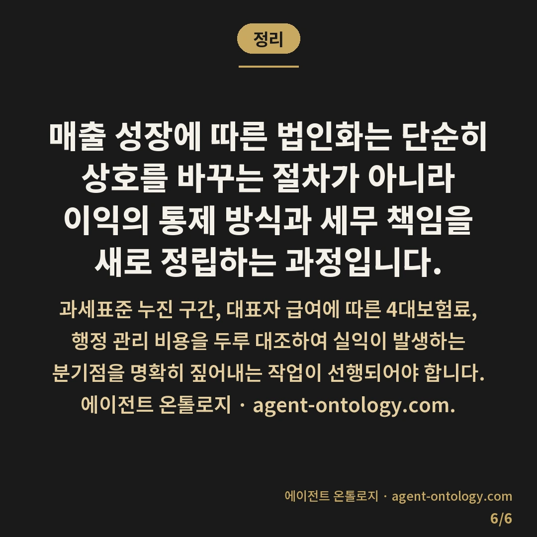 매출 늘면 법인 전환 판단 지침 — 정리: 매출 성장에 따른 법인화는 단순히 상호를 바꾸는 절차가 아니라 이익의 통제 방식과 세무 책임을 새로 정립하는 과정입니다.
