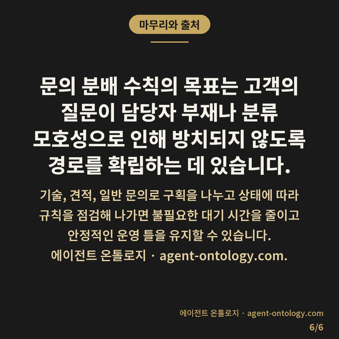 문의 유형별 담당자 분배 수칙 — 마무리와 출처: 문의 분배 수칙의 목표는 고객의 질문이 담당자 부재나 분류 모호성으로 인해 방치되지 않도록 경로를 확립하는 데 있습니다.