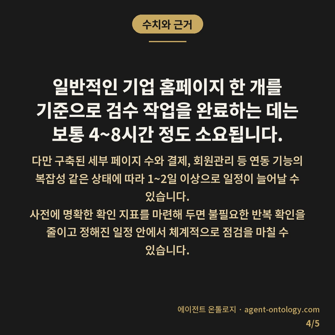 검수 기준 확인 방법 체크리스트 — 수치와 근거: 일반적인 기업 홈페이지 한