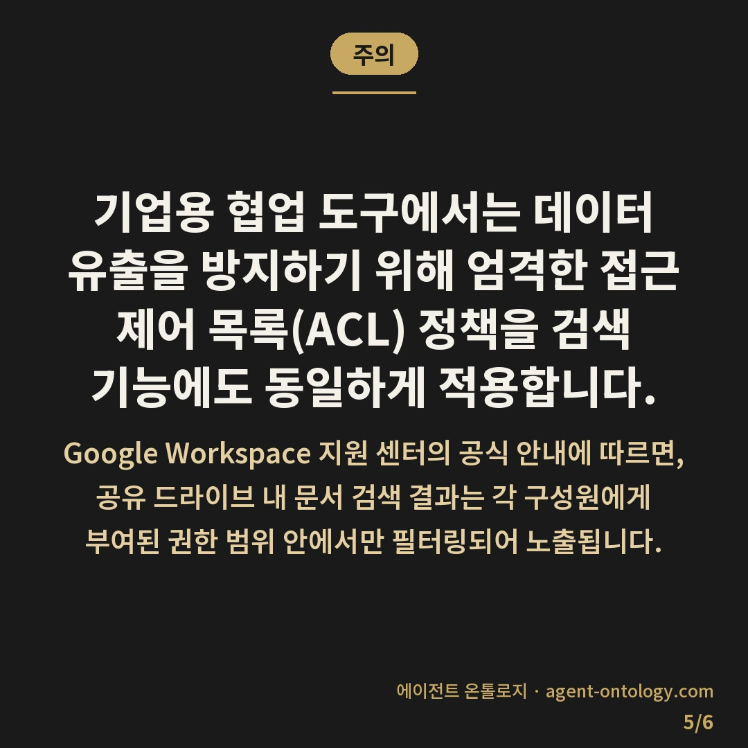 사내 문서 검색 안되는 원인 대처법 — 주의: 기업용 협업 도구에서는 데이터 유출을 방지하기 위해 엄격한 접근 제어 목록(ACL) 정책을 검색 기능에도 동일하게 적용합니다.
