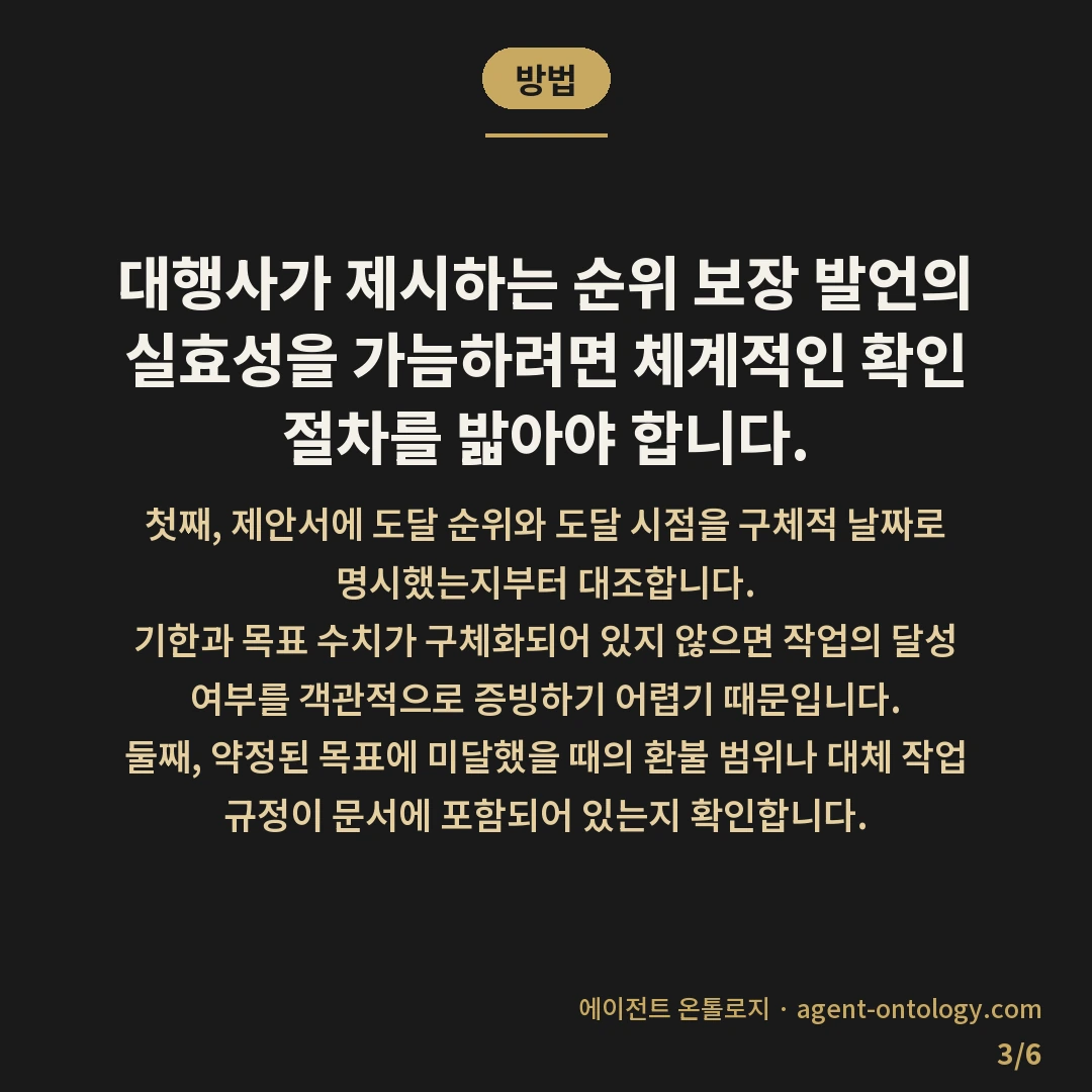순위 보장 제안 믿어도 되나 판별 기준 — 방법: 대행사가 제시하는 순위 보장 발언의 실효성을 가늠하려면 체계적인 확인 절차를 밟아야 합니다.