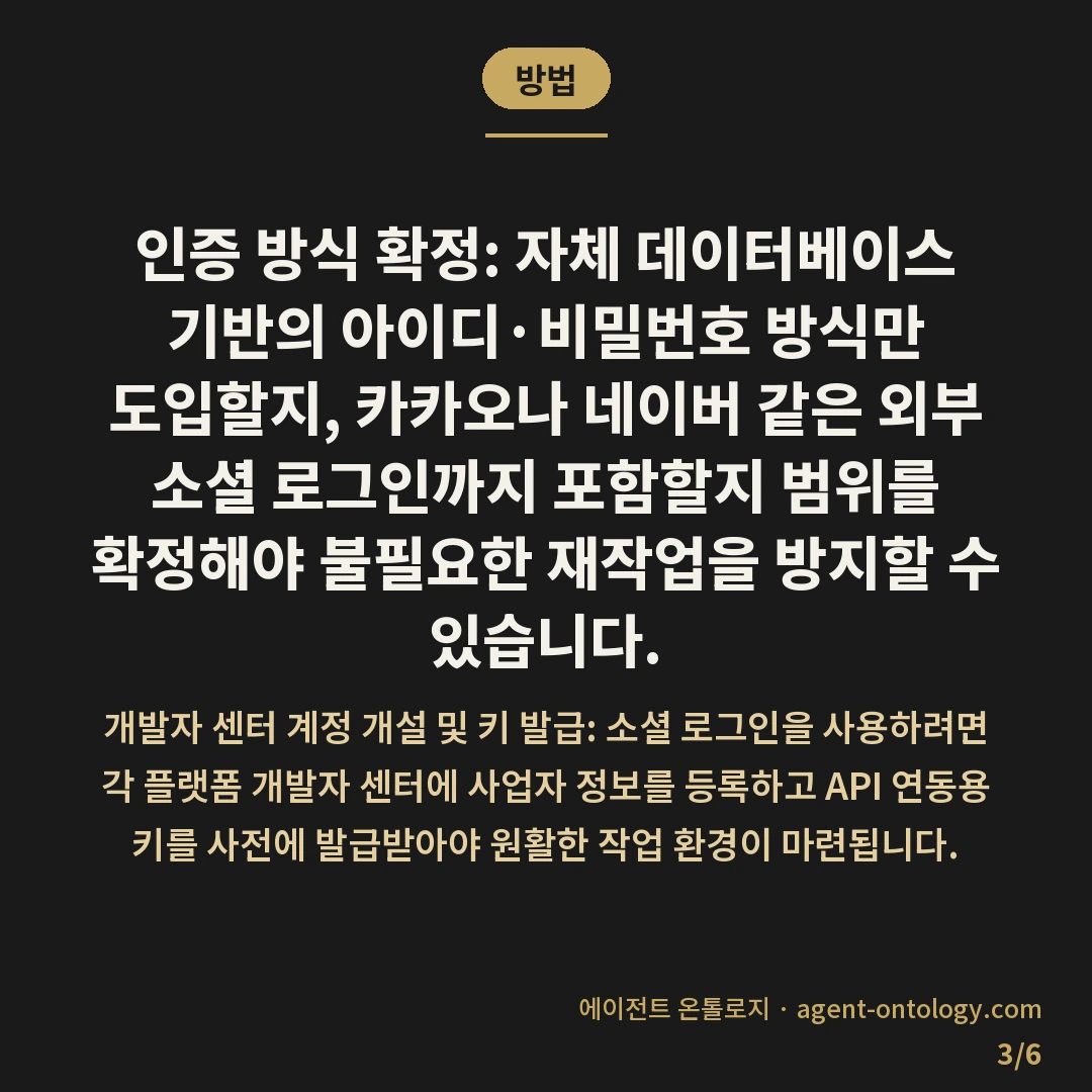 로그인 기능 개발 기간 기준 — 방법: 인증 방식 확정: 자체 데이터베이스 기반의 아이디·비밀번호 방식만 도입할지, 카카오나 네이버 같은 외부 소셜 로그인까지 포함할지 범위를 확정해야 불필요한 재작업을 방지할 수 있습니다.