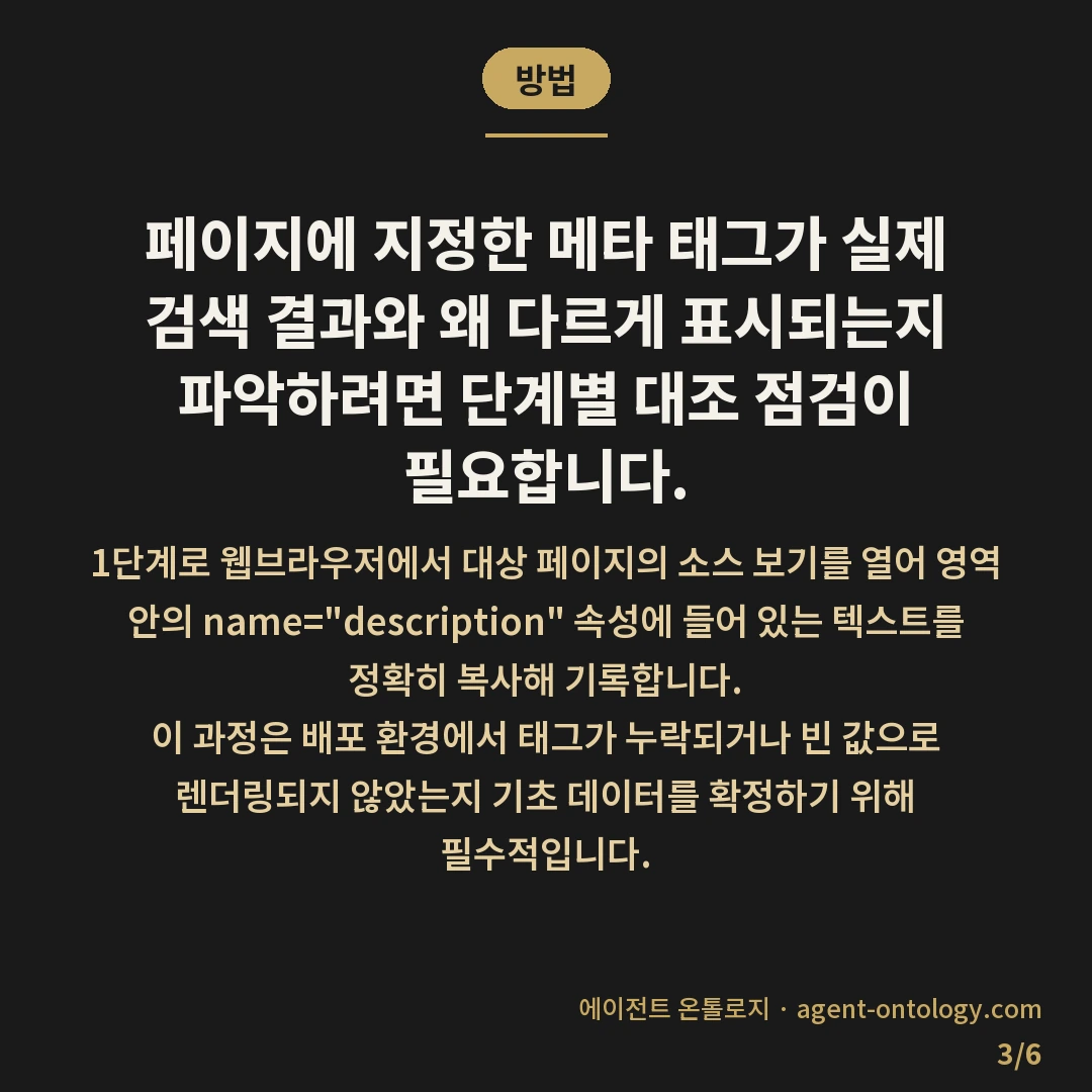 메타 디스크립션 반영 안되는 원인 — 방법: 페이지에 지정한 메타 태그가 실제