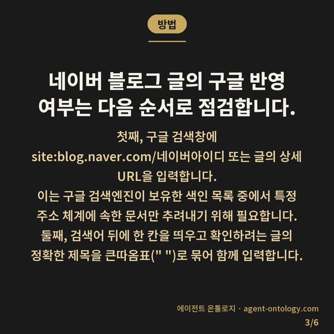 네이버 블로그 구글 노출 확인 방법 정리 — 방법: 네이버 블로그 글의 구글 반영 여부는 다음 순서로 점검합니다.