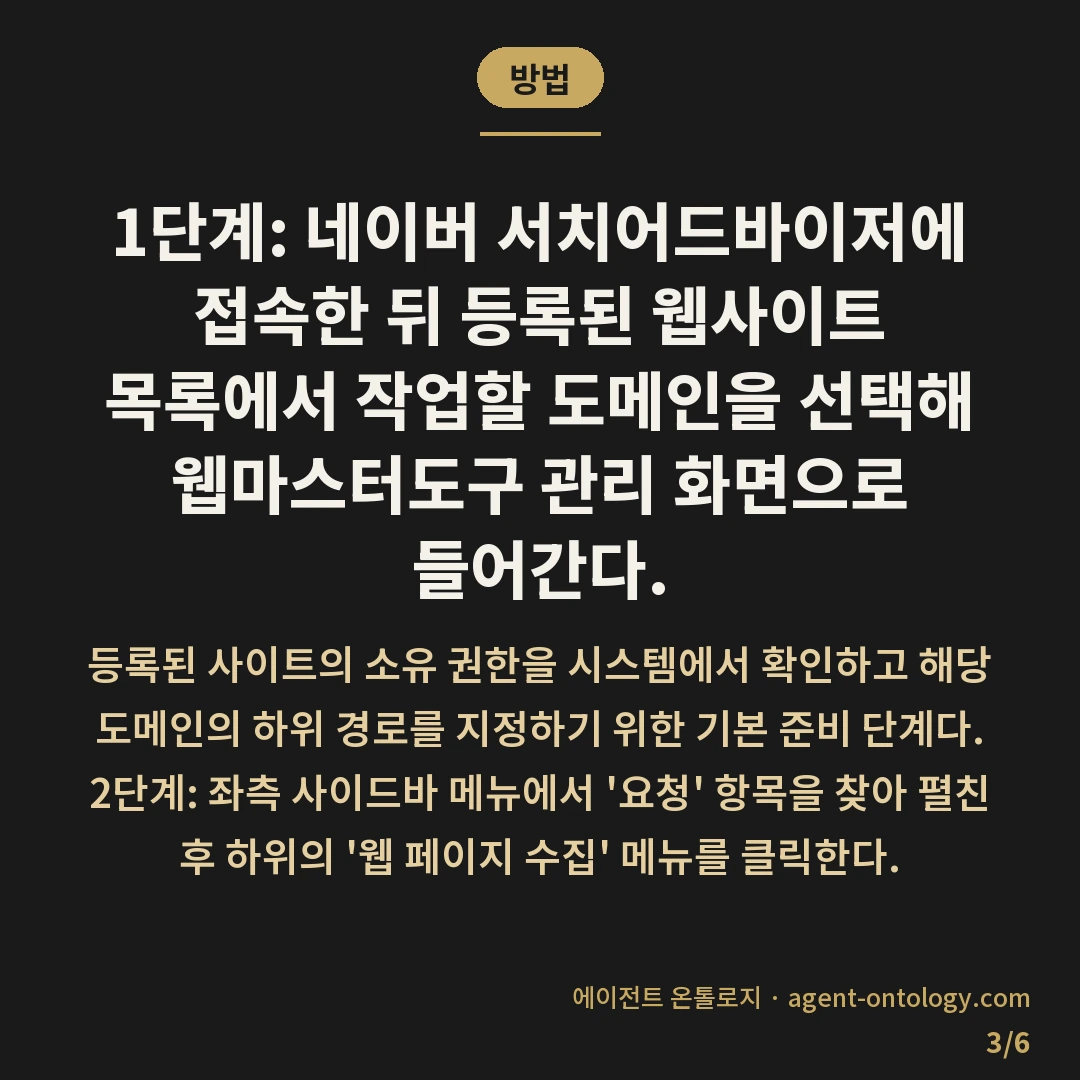 네이버 수집요청 방법 — 방법: 1단계: 네이버 서치어드바이저에 접속한 뒤 등록된 웹사이트 목록에서 작업할 도메인을 선택해 웹마스터도구 관리 화면으로 들어간다.