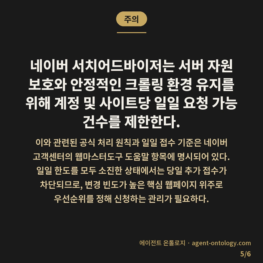 네이버 수집요청 방법 — 주의: 네이버 서치어드바이저는 서버 자원 보호와 안정적인 크롤링 환경 유지를 위해 계정 및 사이트당 일일 요청 가능 건수를 제한한다.